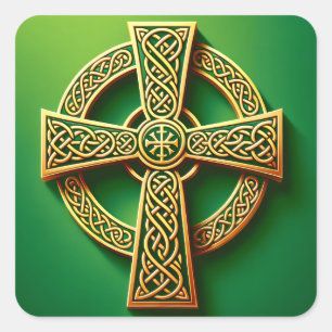 Golden Celtic Kor på Grönt Fyrkantigt Klistermärke