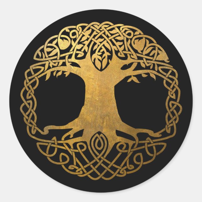 Golden Celtic Livets träd Runt Klistermärke (Framsida)
