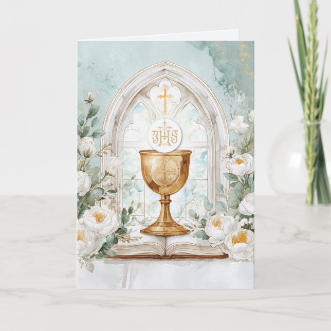 Golden Chalice & White Roses Priest Birthday  Kort (Framsida)