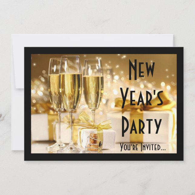Golden Champagne Nyårsafton Inbjudningar (Framsida)