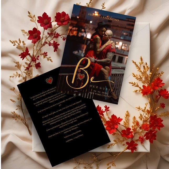 Golden Charm Heart in Red Custom Photo Wedding Spara Datumet (Celebrate your special day with our charming Golden Charm Heart in Red custom photo wedding Cards.)