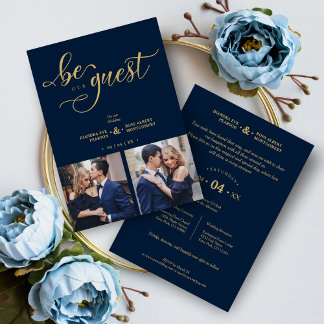Golden Charm Navy Blue Romantic Wedding Inbjudningar