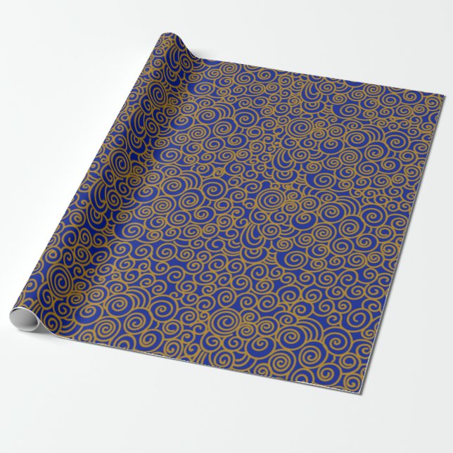 Golden Chinese Auspicious Clouds Mönster på Indigo Presentpapper (Utrullad)