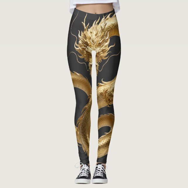 Golden Chinese Dragon Art | Mythical Creature Fant Leggings (Framsida)