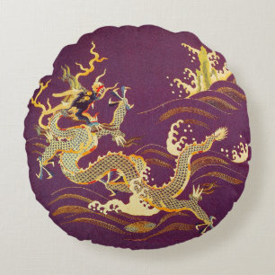 Golden Chinese Dragon Embroied på Silke Rund Kudde