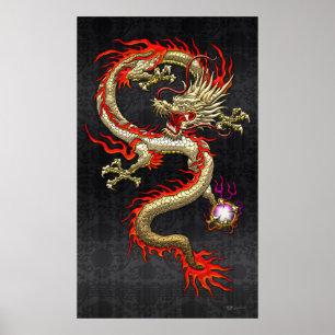 Golden Chinese Dragon Fucanglong på Black Silke Poster