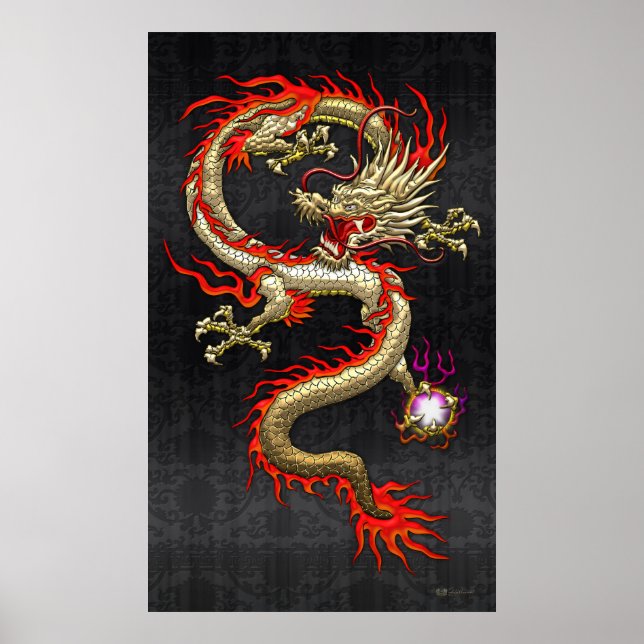 Golden Chinese Dragon Fucanglong på Black Silke Poster (Framsidan)
