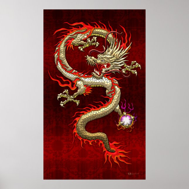 Golden Chinese Dragon Fucanglong på Red Silke Poster (Framsidan)