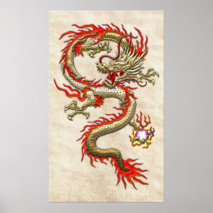 Golden Chinese Dragon Fucanglong på Ris Papper Poster