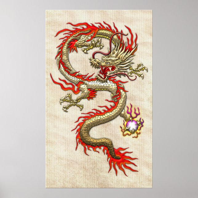 Golden Chinese Dragon Fucanglong på Ris Papper Poster (Framsidan)