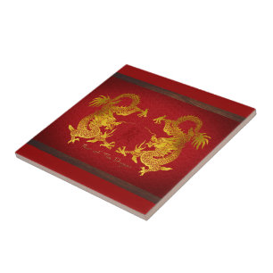 Golden Chinese Dragon med gammalt Ideogram T Kakelplatta