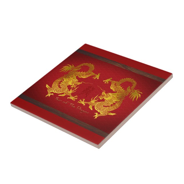 Golden Chinese Dragon med gammalt Ideogram T Kakelplatta (Sidan)