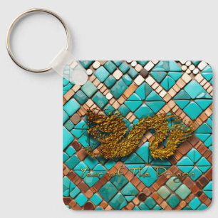 Golden Chinese Dragon New Year Monogram SqK Nyckelring