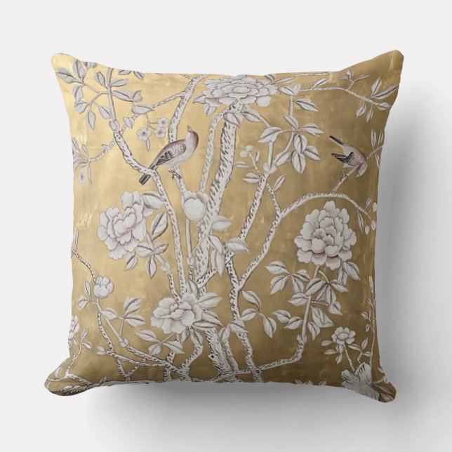 Golden Chinoiserie med Birds & Blooming Peony Kudde (Framsida)