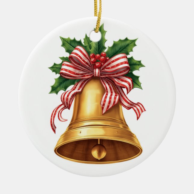 Golden Christmas Bell Holly and Stripe Bow Julgransprydnad Keramik (Framsidan)