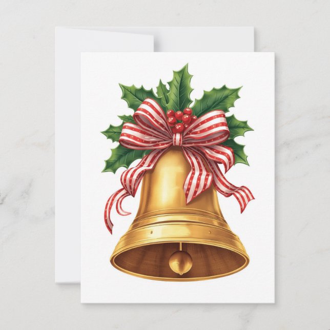Golden Christmas Bell Holly and Stripe Bow Julkort (Framsida)