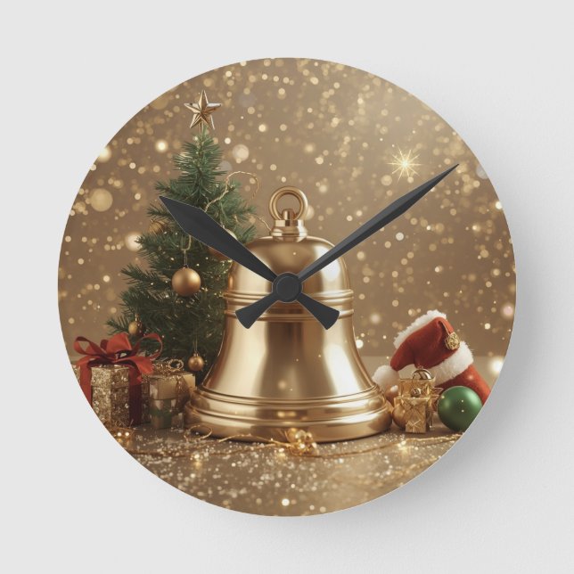 Golden Christmas Bell Wall Clock – Festive Holiday Rund Klocka (Framsida)