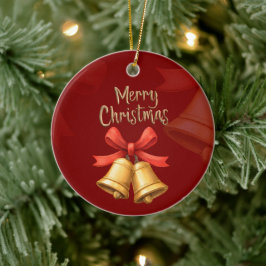 Golden Christmas Bells Red Holiday Art Julgransprydnad Keramik