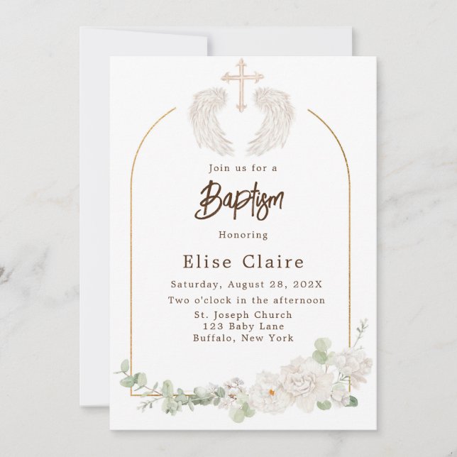 Golden Church Kor Vingar Blommigt Baptism i Inbjudningar (Framsida)