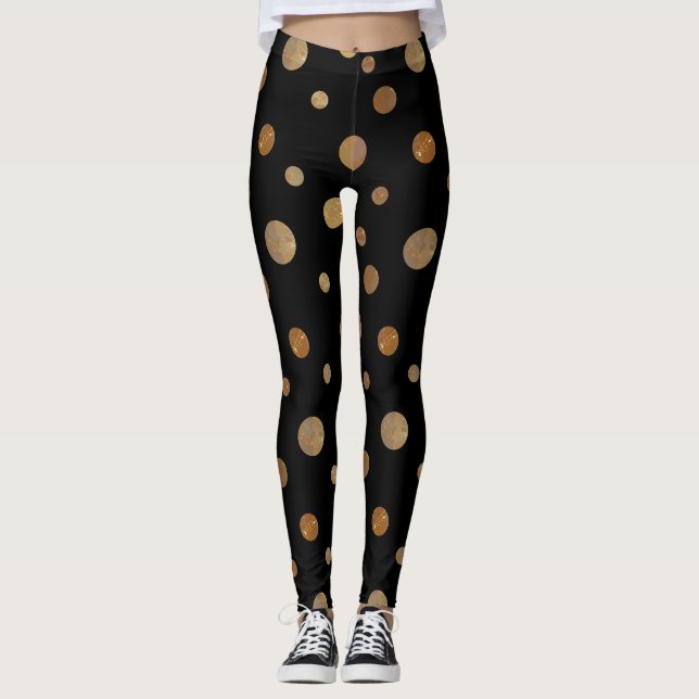 Golden Circles Polka dots Geometric Black Leggings (Framsida)