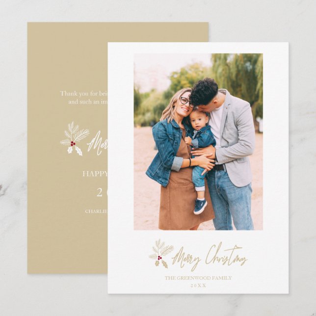Golden Classic Merry Christmas Custom Photo Julkort (Fram/baksida)