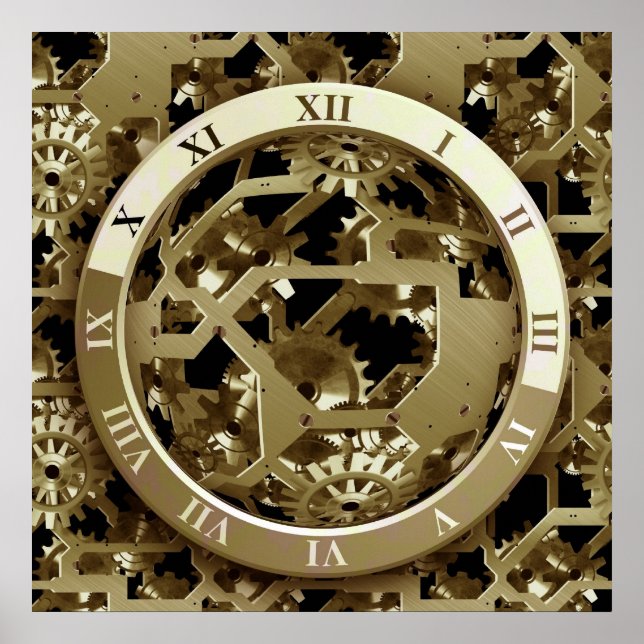 Golden Clocks and Gears Steampunk Mechanifts Gifts Poster (Framsidan)