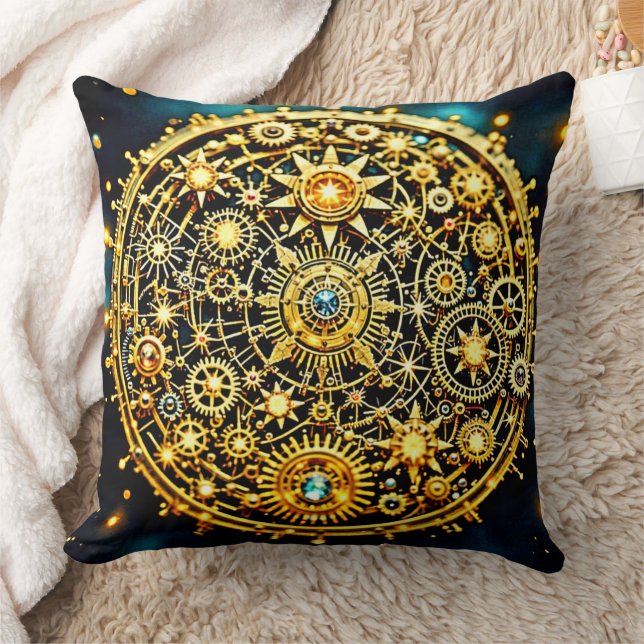 Golden Clockwork Celestial Art Kudde (Filt)