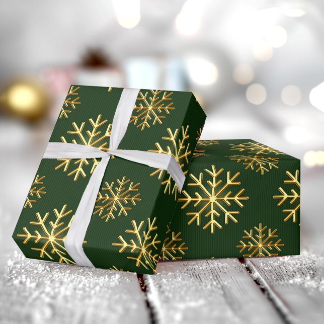 Golden Color 3D Snowflake DarkGreen Christmas Gift Presentpapper (Golden Color 3D Snowflake DarkGreen Christmas Gift Wrapping Paper)