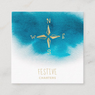 *~* Golden Compass Beach Ocean Sea AP 13 Teal Blue Fyrkantigt Visitkort