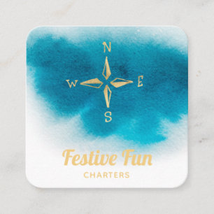 *~* Golden Compass Beach Ocean White Teal Sea Fyrkantigt Visitkort