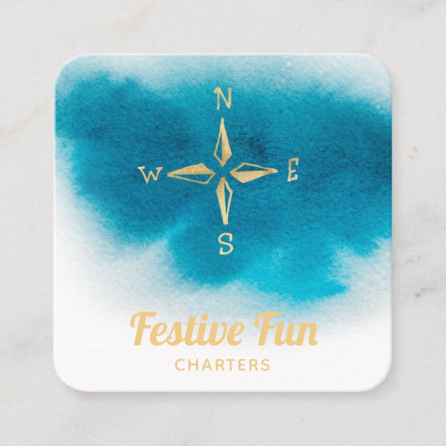 *~* Golden Compass Beach Ocean White Teal Sea Fyrkantigt Visitkort (Framsida)