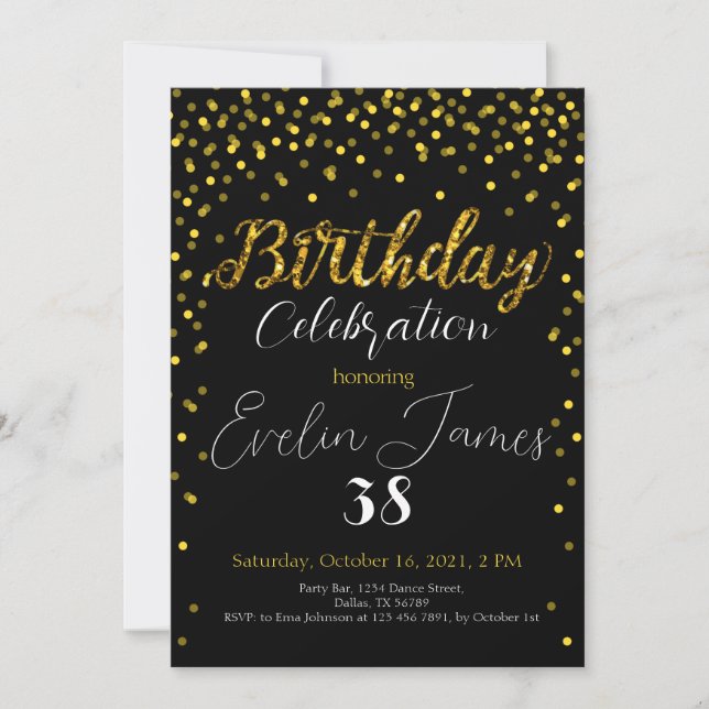 Golden Confetti Invitation, Gold Birthday Party  Inbjudningar (Framsida)