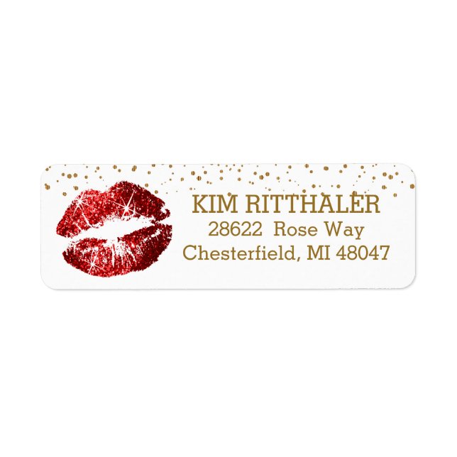 Golden Confetti & Red Läppar- Adress Returadress Etikett (Framsidan)
