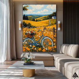 Golden Countryside Escape - Naïf Rural Bicycle Art Poster