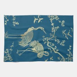 Golden cranes Art, blå bakgrund Kökshandduk