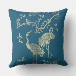 Golden cranes Art, blå bakgrund Kudde