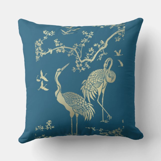 Golden cranes Art, blå bakgrund Kudde (Baksida)
