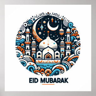 Golden Crescent Måne och Lantern Eid Mubarak Islam Poster