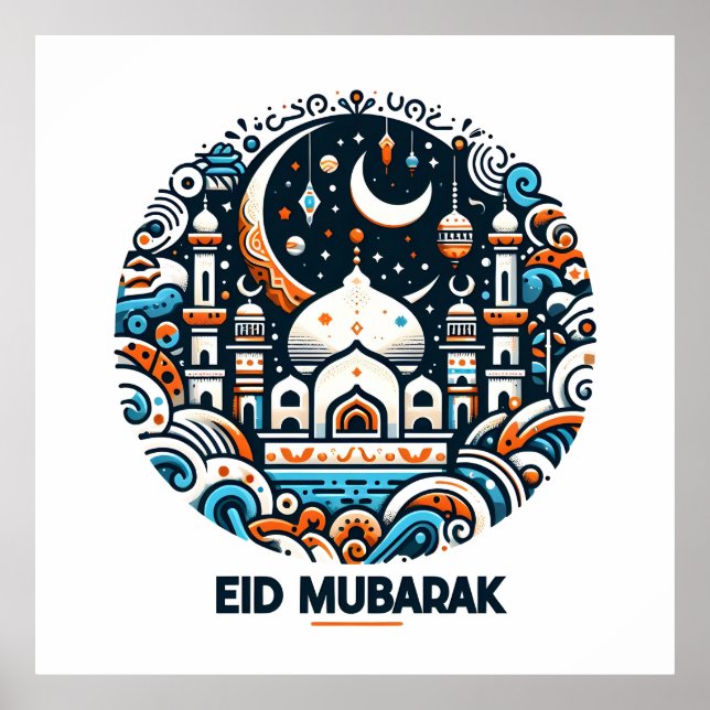 Golden Crescent Måne och Lantern Eid Mubarak Islam Poster (Framsidan)