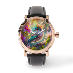 Golden Crestated Grönt Headed Finch Fantasy Bird Armbandsur