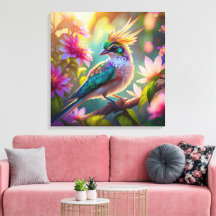 Golden Crestated Grönt Headed Finch Fantasy Bird Canvastryck