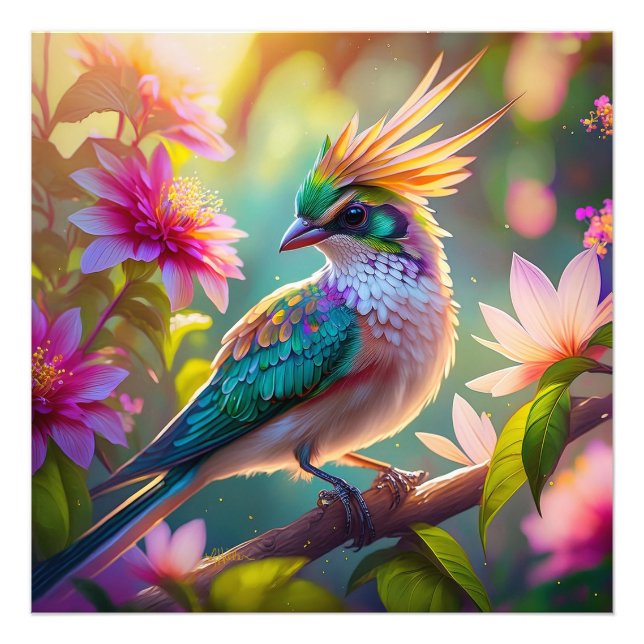 Golden Crestated Grönt Headed Finch Fantasy Bird Fototryck (Framsidan)