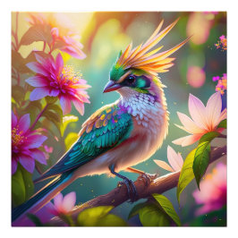 Golden Crestated Grönt Headed Finch Fantasy Bird Fototryck