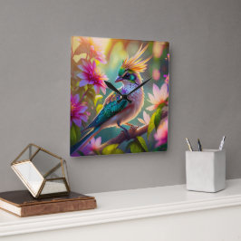 Golden Crestated Grönt Headed Finch Fantasy Bird Fyrkantig Klocka