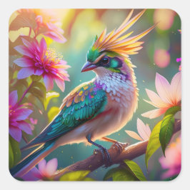 Golden Crestated Grönt Headed Finch Fantasy Bird Fyrkantigt Klistermärke