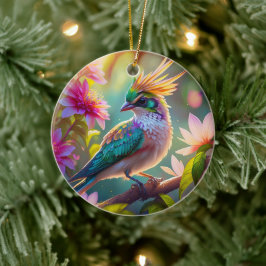 Golden Crestated Grönt Headed Finch Fantasy Bird Julgransprydnad Keramik