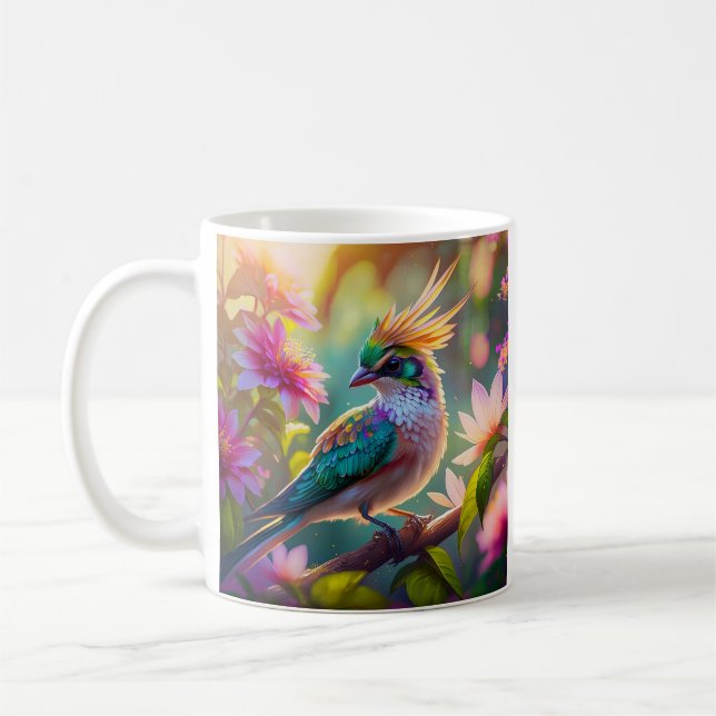Golden Crestated Grönt Headed Finch Fantasy Bird Kaffemugg (Vänster)