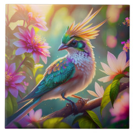 Golden Crestated Grönt Headed Finch Fantasy Bird Kakelplatta