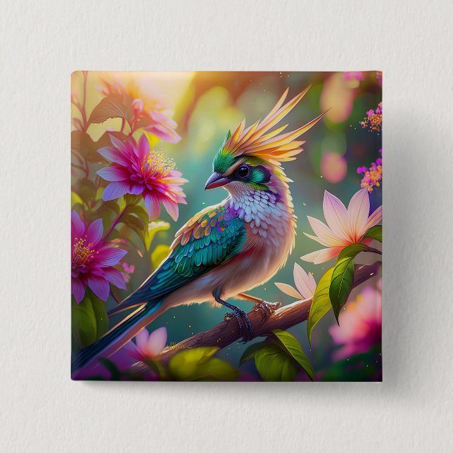 Golden Crestated Grönt Headed Finch Fantasy Bird Knapp (Framsida)