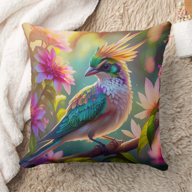 Golden Crestated Grönt Headed Finch Fantasy Bird Kudde (Filt)